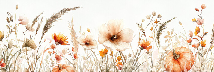 Wall Mural - Watercolor painting of beautiful autumn flowers, pumpkins, and grasses in light beige colors, generative AI