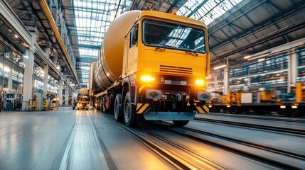 Yellow Industrial Truck Moving Through Factory.