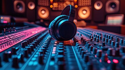 Poster - close up of podcasting equipment in studio featuring mixing console and headphones symbolizing professional audio production.image