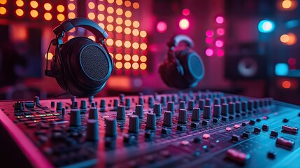 Poster - close up of podcasting equipment in studio featuring mixing console and headphones symbolizing professional audio production.stock image