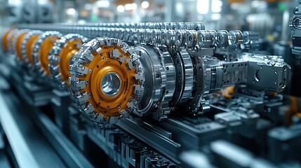 Fototapete - close up view of intricate robotic parts in smart factory setting showcasing advanced technology and precision engineering