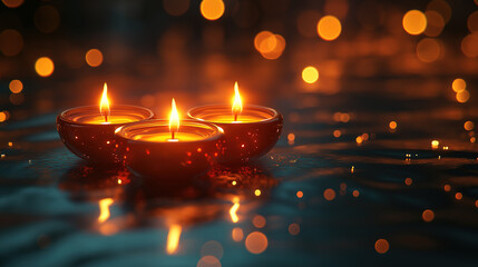 A stunning arrangement of diya lamps on a glossy surface with shimmering bokeh effect