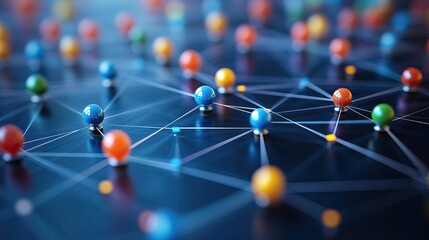 Poster - colored pins connected by lines on white background representing network architecture and interconnected systems.stock image