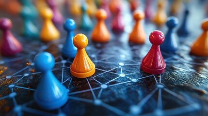 Poster - colorful game pieces connected by lines representing network nodes and connections