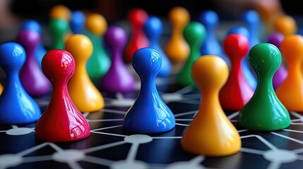 Poster - colorful game pieces connected by lines representing network nodes and connections.illustration