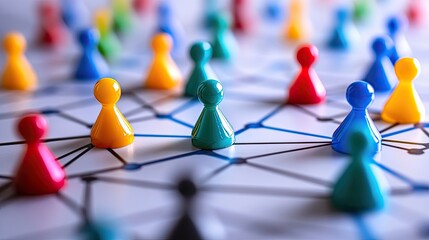 Poster - colorful game pieces connected by lines representing network nodes and connections.image