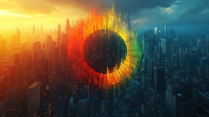 Fototapete - colorful pie chart overlaying bustling urban cityscape symbolizing sustainability reporting dat anal