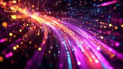 Colored optical fiber, background image, technology concept of data transfer and communication. 