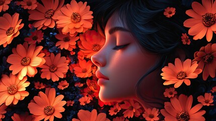 Poster - conceptualof mental health issues sad girl surrounded by flowers and floral elements contrast between her melancholic demeanor and the vibrant flor.illustration