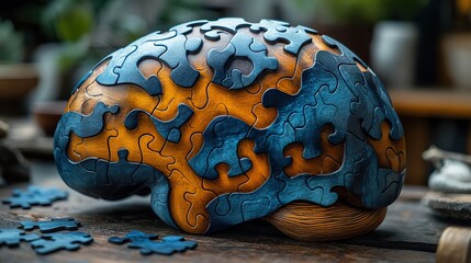 Poster - conceptual image of brain formed from maze and jigsaw puzzle pieces symbolizing mental challenges and solutions.image