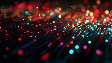 Colored optical fiber, background image, technology concept of data transfer and communication. 