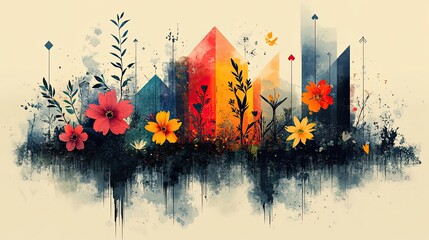 Poster - creative process concept with diverse elements and interactions featuring arrows flowers and shapes in stylized abstract illustration.illustration