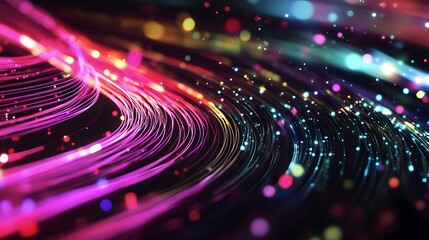 Colored optical fiber, background image, technology concept of data transfer and communication. 