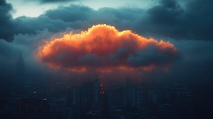 Poster - dark cloud labeled fake news over city skyline symbolizing the spread of disinformation.image