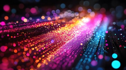 Colored optical fiber, background image, technology concept of data transfer and communication. 