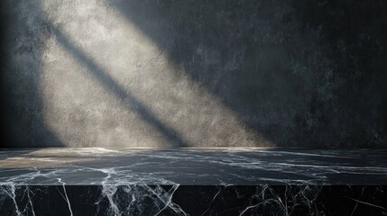 Poster - 3D rendering of an empty black marble top surface against a dark wall background with natural lighting designed for product display