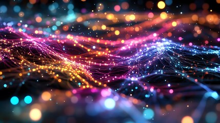 Colored optical fiber, background image, technology concept of data transfer and communication. 