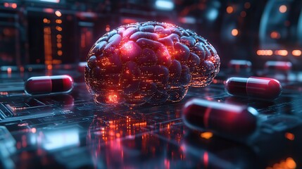 Poster - digital brain and pills on futuristic interface symbolizing personalized medicine.illustration