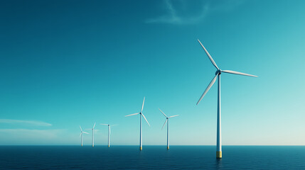 A serene view of offshore wind turbines gracefully generating renewable energy against a clear blue sky, symbolizing sustainability and innovation.