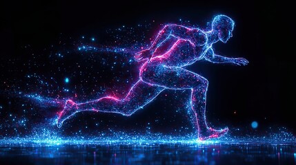 Poster - digital human figure running symbolizing biohacking technology integration and human optimization.il