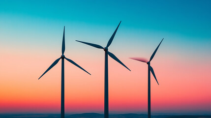 Beautiful sunset with three wind turbines silhouetted against a colorful sky, symbolizing renewable energy and sustainable future.