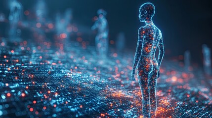 Poster - digital human figures in futuristic interface symbolize personalized medicine and precise diagnostic