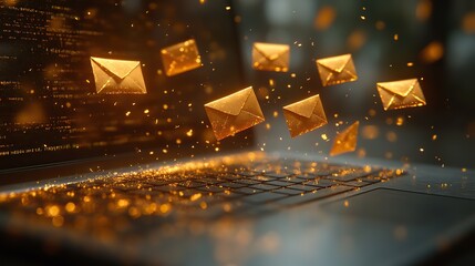 Poster - digital marketing concept showing flying envelopes emerging from laptop symbolizing email marketing spam and advertisements