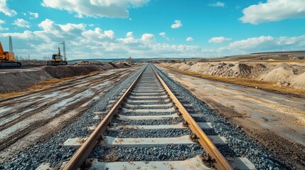 Poster - Railroad construction with tracks being laid over a flat landscape, surrounded by piles of gravel and heavy equipment.