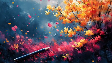 Poster - digital tablet and pencil amidst vibrant trees and flowers symbolizing outdoor creativity and natura