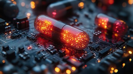 Fototapete - digital visualization of capsules on circuit board symbolizing computational drug discovery