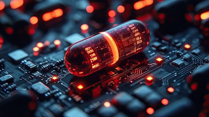 Fototapete - digital visualization of capsules on circuit board symbolizing computational drug discovery.illustration
