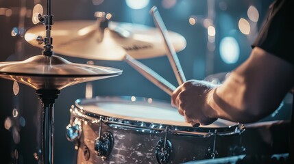 Close-up of drummers hands playing the drums during jazz performance. motion blur and focus on drumsticks