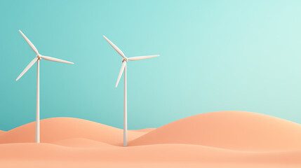 two wind turbines standing in a sandy landscape, symbolizing renewable energy in harmony with nature