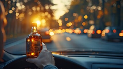 Poster - drink and drive concept drunk driver holding bottle of alcohol behind the steering wheel highlightin