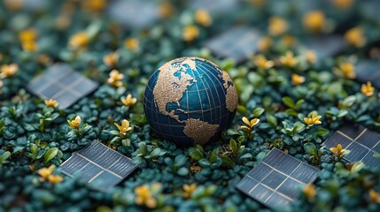 Poster - earth surrounded by solar panels and greenery symbolizing renewable energy and environmental sustain