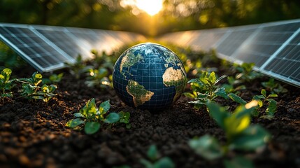 Poster - earth surrounded by solar panels and greenery symbolizing renewable energy and environmental sustain