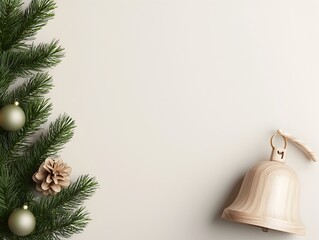 Polished Wooden Christmas Bell with Pine Branch Accents and Copy Space on Right