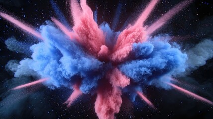 Poster - Explosion of pink and blue powder on a black background in 3D cartoon rendering Illustration