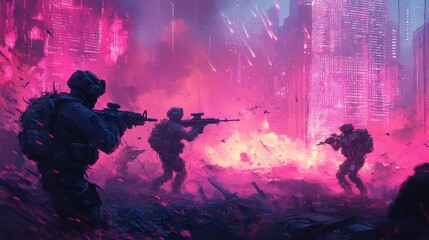 Canvas Print - Silhouettes of soldiers fighting in a pink city.