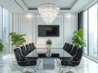 Poster - Modern, minimalist conference room with black leather chairs, a glass table, and a large chandelier.
