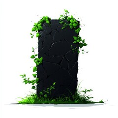 Wall Mural - Black stone covered with green vines and grass, white isolated background.