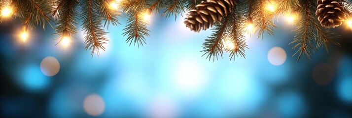 Canvas Print - Festive Pine Trees with Lights and Bokeh Background