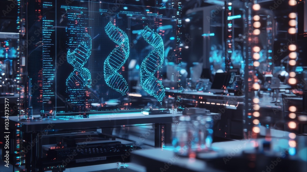 Futuristic gene editing lab with holograms displaying detailed ...