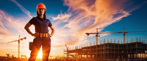 Silhouette of a female engineer in a hard hat at sunset, with a construction site in the background.