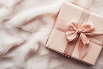 Canvas Print - A Rose Gold Gift Box with a Bow on a Soft Pink Fabric