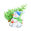 © anitapol - Funny snowman on skates with fir tree. Vintage style illustration. Hand drawn smiling skating snowman with scarf, mittens holding fir tree. Traditional winter season snow decor on white background