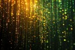 © kribbox - Abstract background of golden and green sparkling particles falling like rain on a dark background.