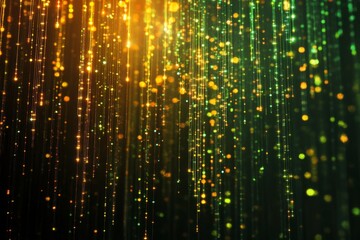 Poster - Abstract background of golden and green sparkling particles falling like rain on a dark background.