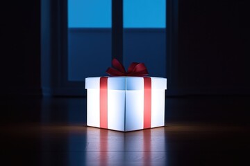 Wall Mural - A White Gift Box with a Red Bow Illuminated in a Dark Room