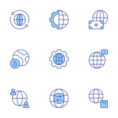 Poster - Global icons set. Line Duotone style, editable stroke. global, global communication, logistic, money, trade, global network, globe, connection, global economy
